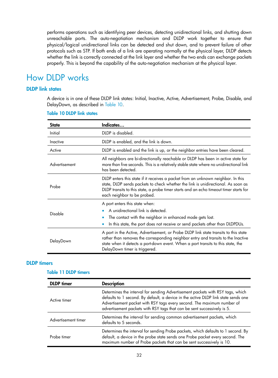 How dldp works, Dldp link states, Dldp timers | H3C Technologies H3C S10500 Series Switches User Manual | Page 41 / 206