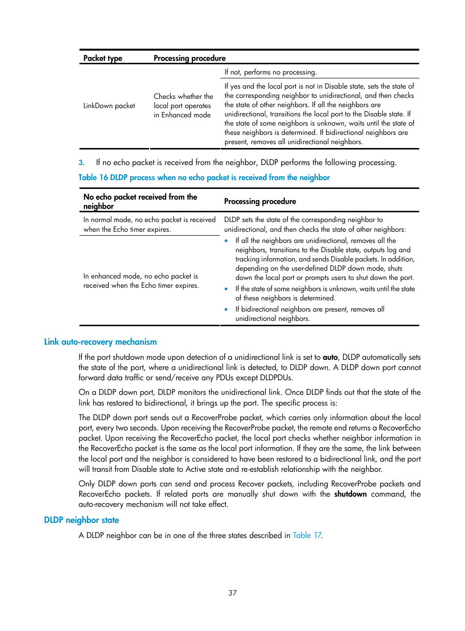 Link auto-recovery mechanism, Dldp neighbor state | H3C Technologies H3C S10500 Series Switches User Manual | Page 46 / 206