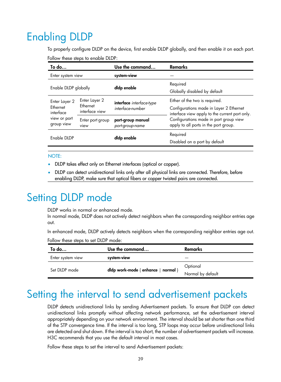 Enabling dldp, Setting dldp mode, Setting the interval to send advertisement packets | H3C Technologies H3C S10500 Series Switches User Manual | Page 48 / 206