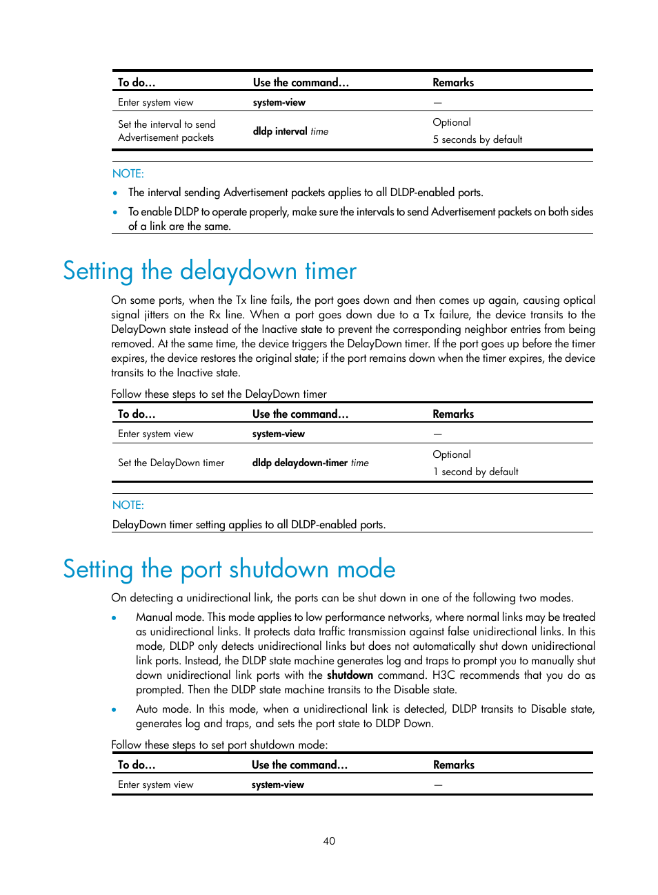 Setting the delaydown timer, Setting the port shutdown mode | H3C Technologies H3C S10500 Series Switches User Manual | Page 49 / 206