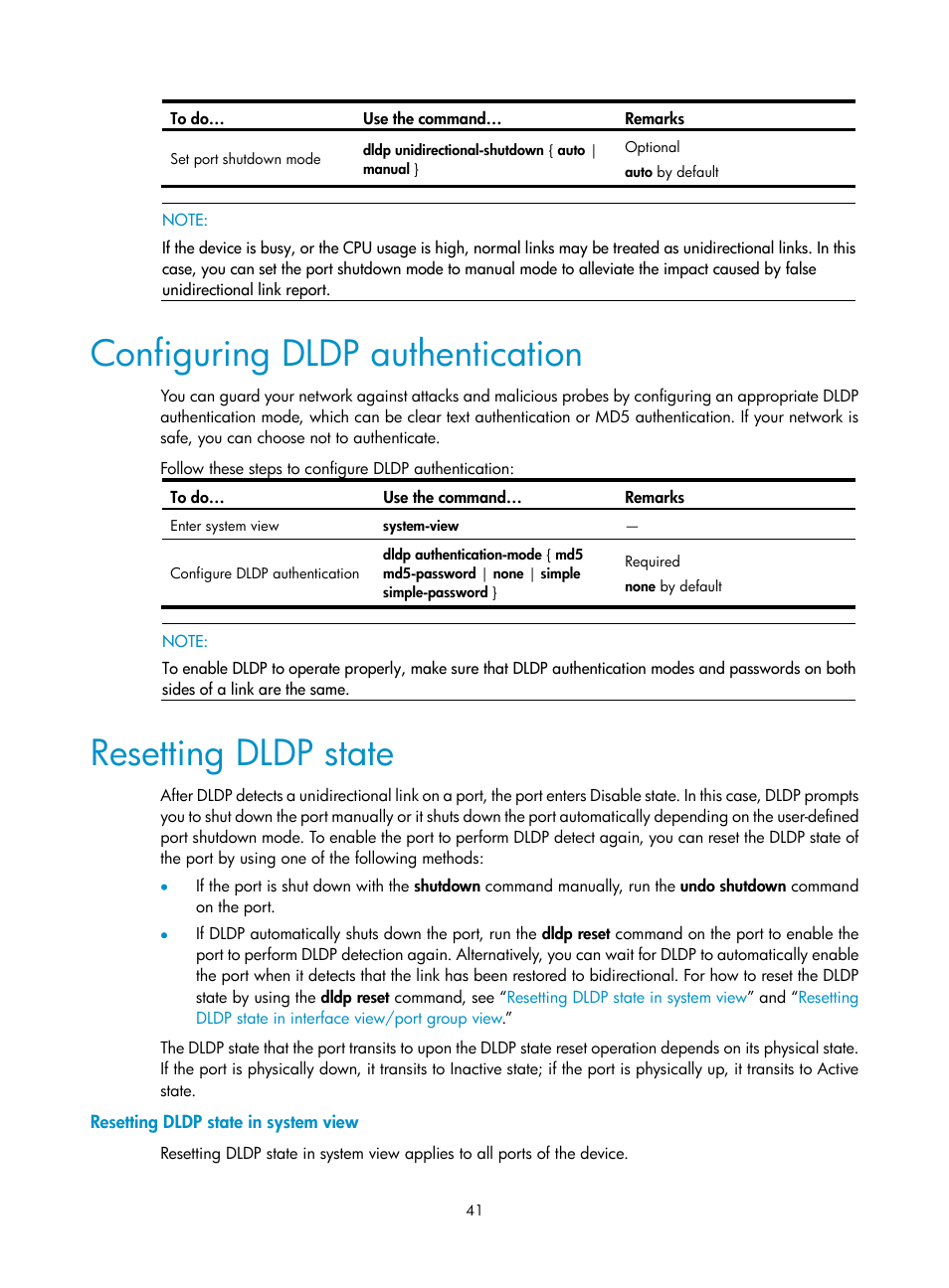 Configuring dldp authentication, Resetting dldp state, Resetting dldp state in system view | H3C Technologies H3C S10500 Series Switches User Manual | Page 50 / 206