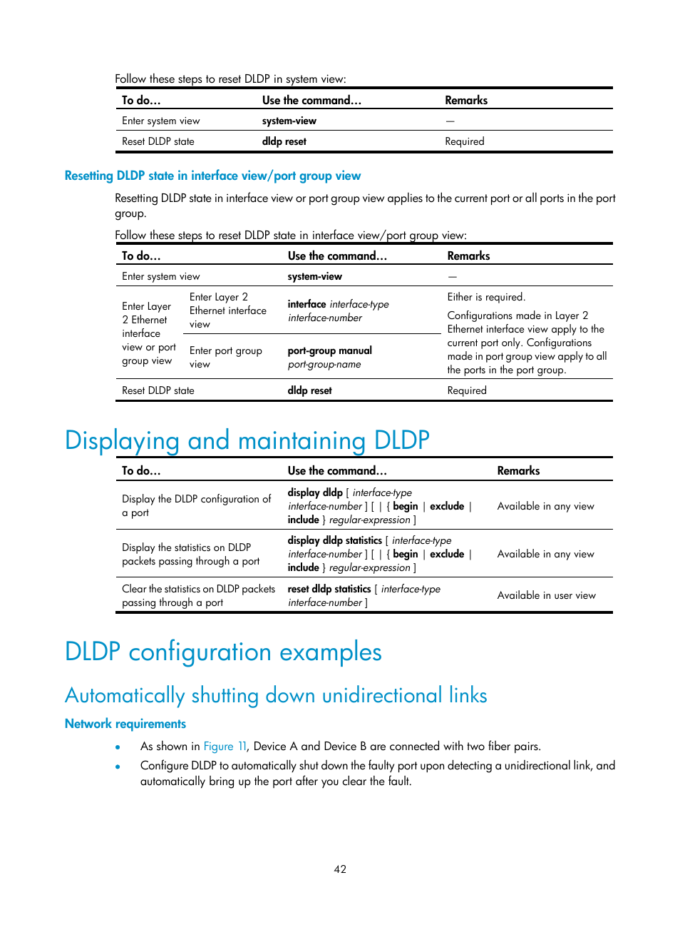 Displaying and maintaining dldp, Dldp configuration examples, Automatically shutting down unidirectional links | Network requirements, Resetting, Dldp state in interface view/port group view | H3C Technologies H3C S10500 Series Switches User Manual | Page 51 / 206