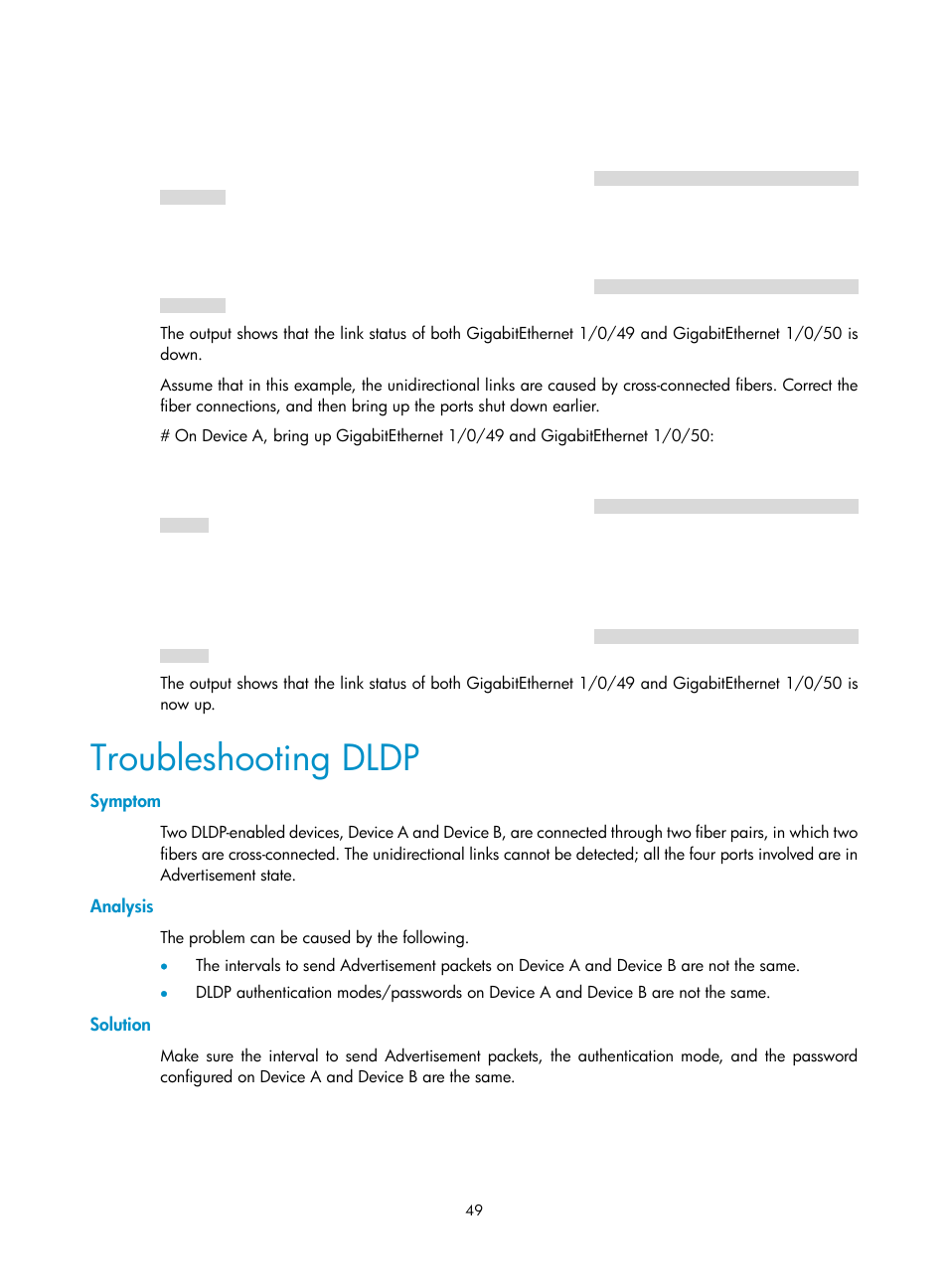 Troubleshooting dldp, Symptom, Analysis | Solution | H3C Technologies H3C S10500 Series Switches User Manual | Page 58 / 206