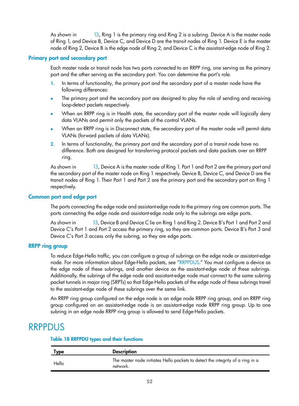 Primary port and secondary port, Common port and edge port, Rrpp ring group | Rrppdus | H3C Technologies H3C S10500 Series Switches User Manual | Page 61 / 206