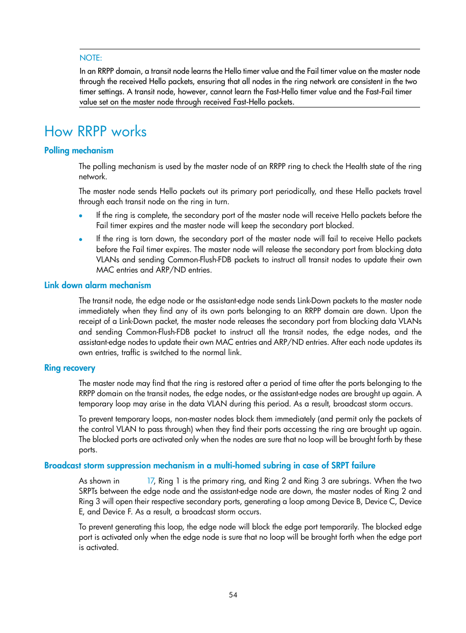 How rrpp works, Polling mechanism, Link down alarm mechanism | Ring recovery | H3C Technologies H3C S10500 Series Switches User Manual | Page 63 / 206