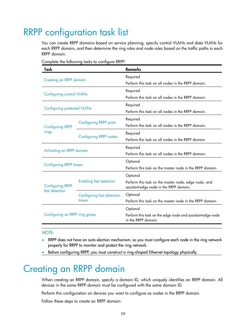 Rrpp configuration task list, Creating an rrpp domain | H3C Technologies H3C S10500 Series Switches User Manual | Page 68 / 206