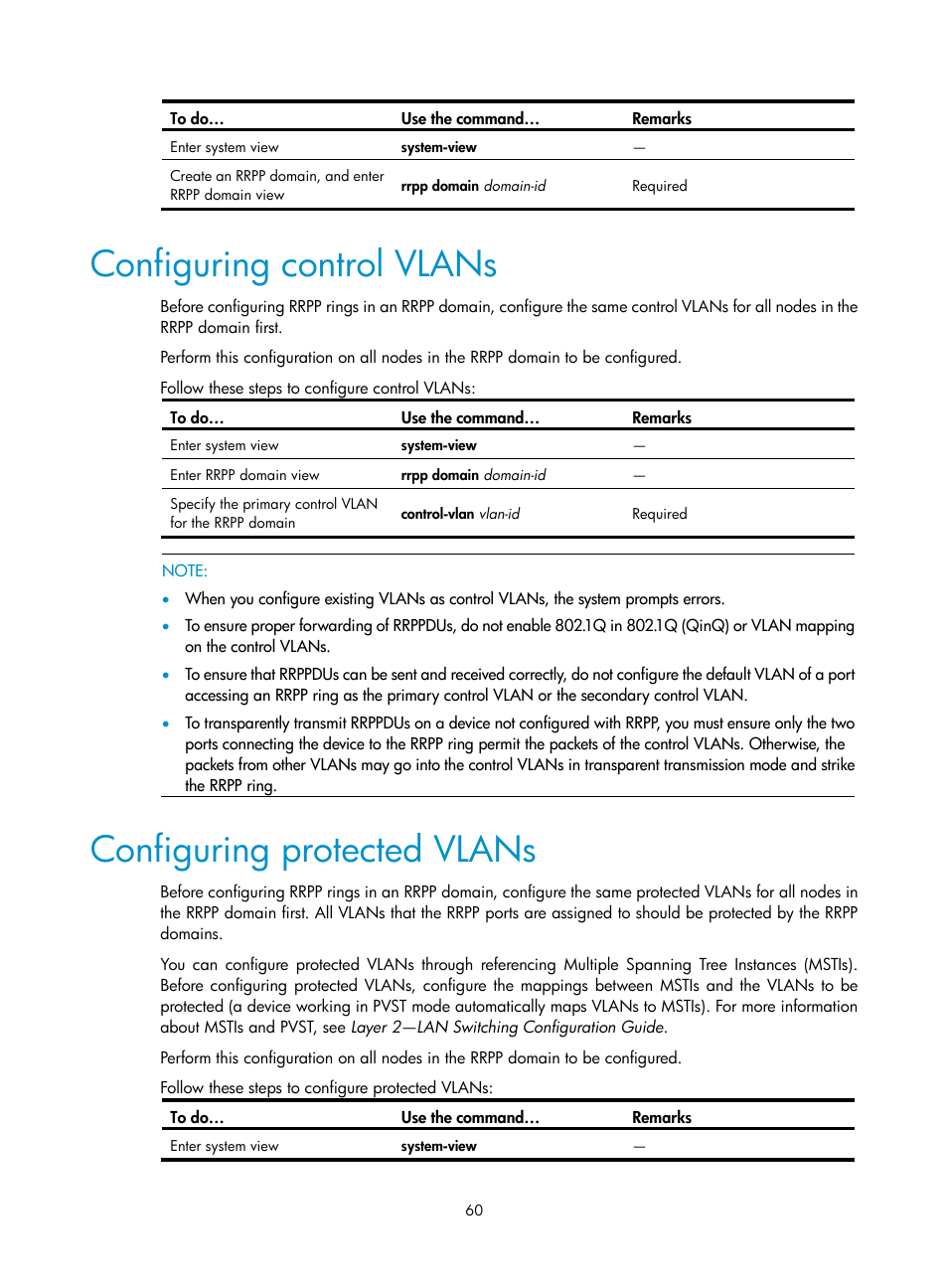 Configuring control vlans, Configuring protected vlans | H3C Technologies H3C S10500 Series Switches User Manual | Page 69 / 206