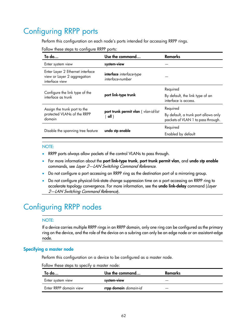 Configuring rrpp ports, Configuring rrpp nodes, Specifying a master node | H3C Technologies H3C S10500 Series Switches User Manual | Page 71 / 206