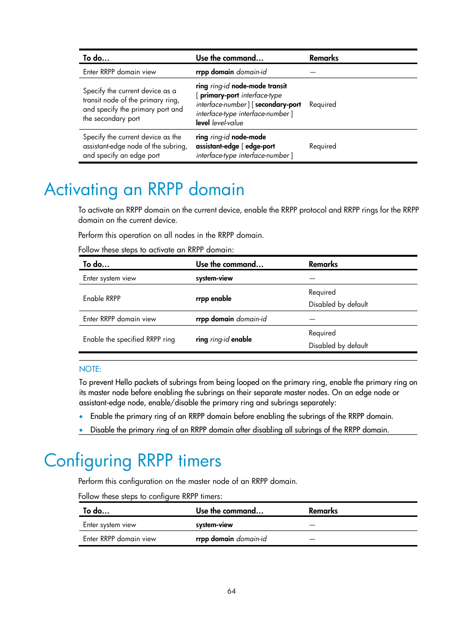 Activating an rrpp domain, Configuring rrpp timers | H3C Technologies H3C S10500 Series Switches User Manual | Page 73 / 206