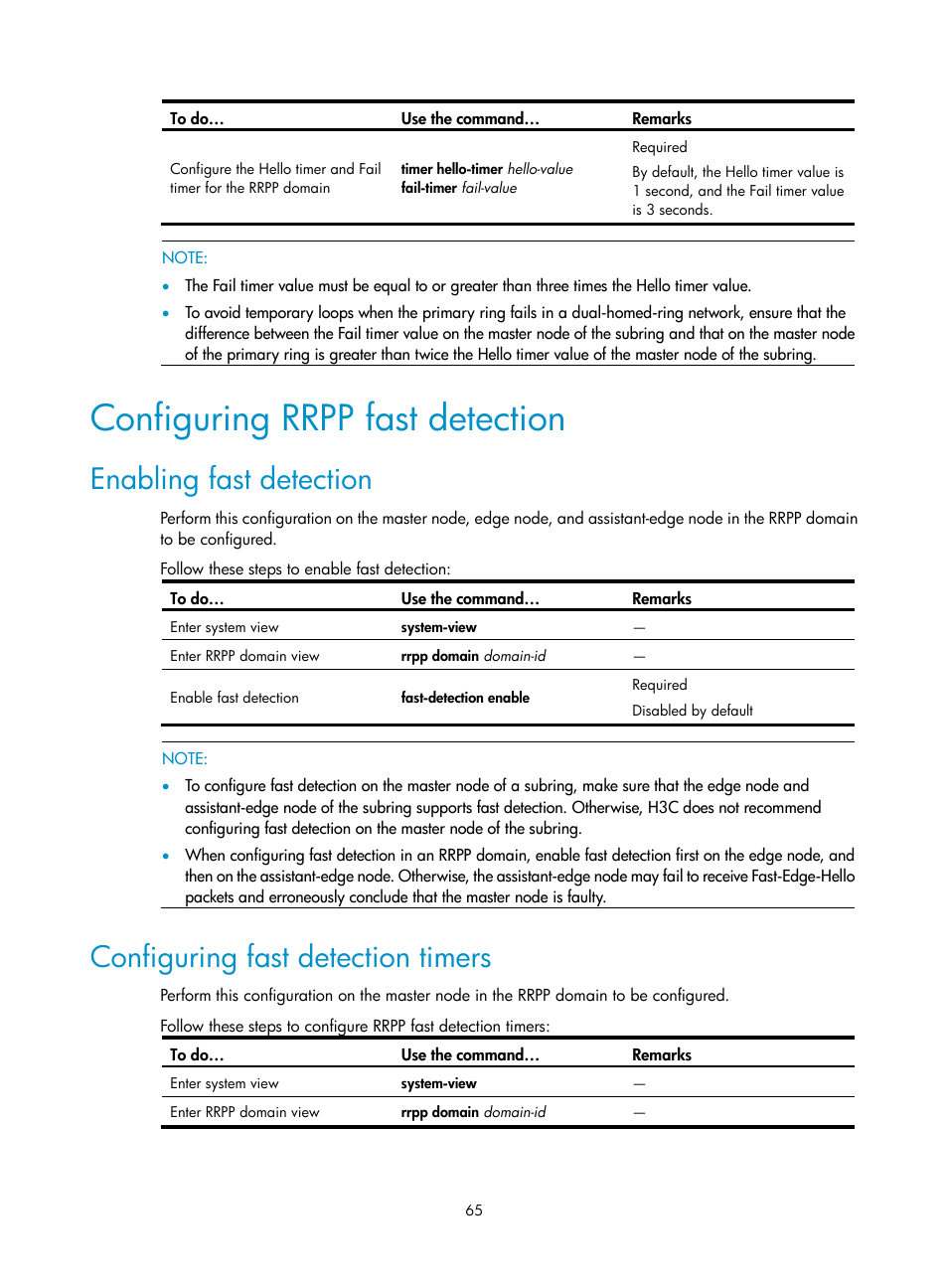 Configuring rrpp fast detection, Enabling fast detection, Configuring fast detection timers | H3C Technologies H3C S10500 Series Switches User Manual | Page 74 / 206