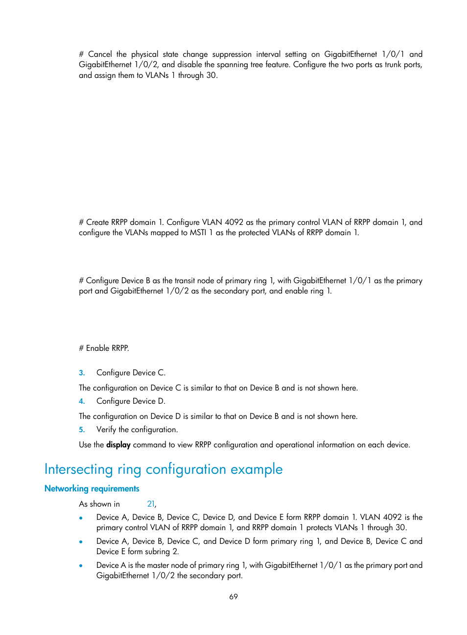 Intersecting ring configuration example, Networking requirements | H3C Technologies H3C S10500 Series Switches User Manual | Page 78 / 206