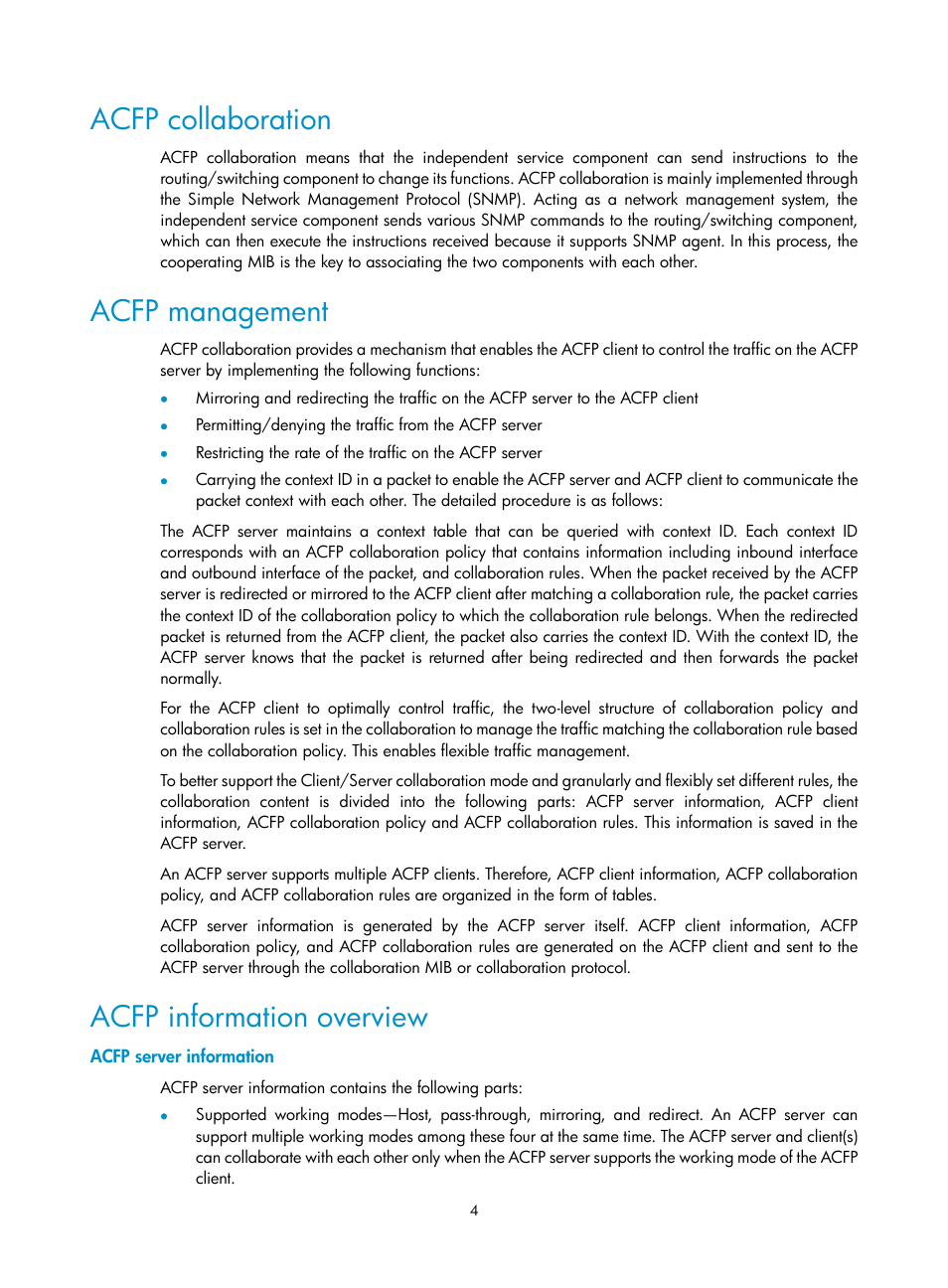 Acfp collaboration, Acfp management, Acfp information overview | Acfp server information | H3C Technologies H3C S10500 Series Switches User Manual | Page 10 / 20