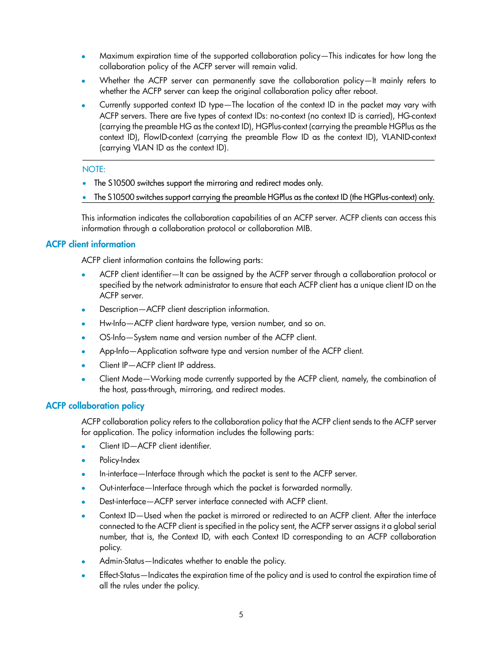 Acfp client information, Acfp collaboration policy | H3C Technologies H3C S10500 Series Switches User Manual | Page 11 / 20