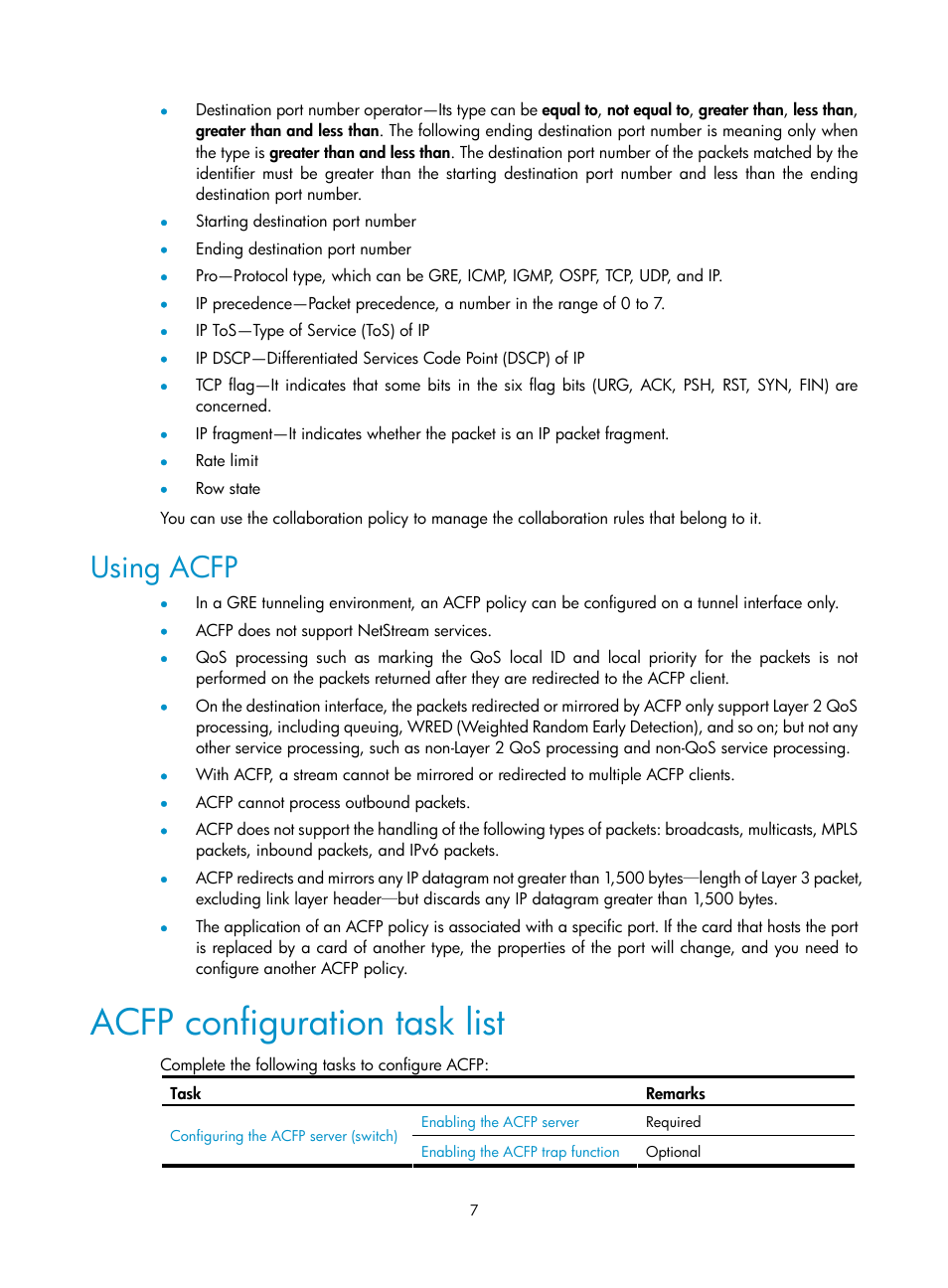 Using acfp, Acfp configuration task list | H3C Technologies H3C S10500 Series Switches User Manual | Page 13 / 20