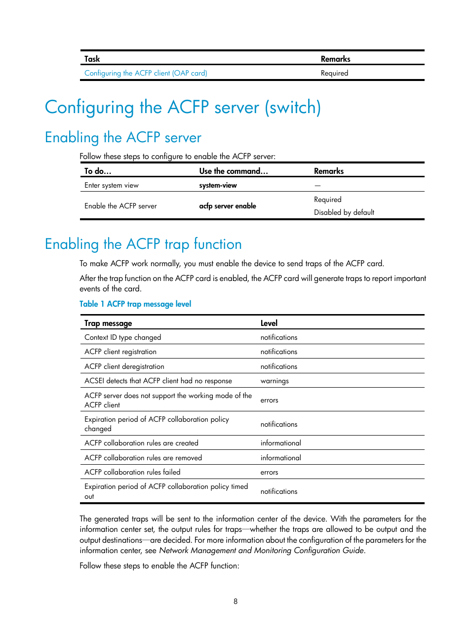 Configuring the acfp server (switch), Enabling the acfp server, Enabling the acfp trap function | H3C Technologies H3C S10500 Series Switches User Manual | Page 14 / 20