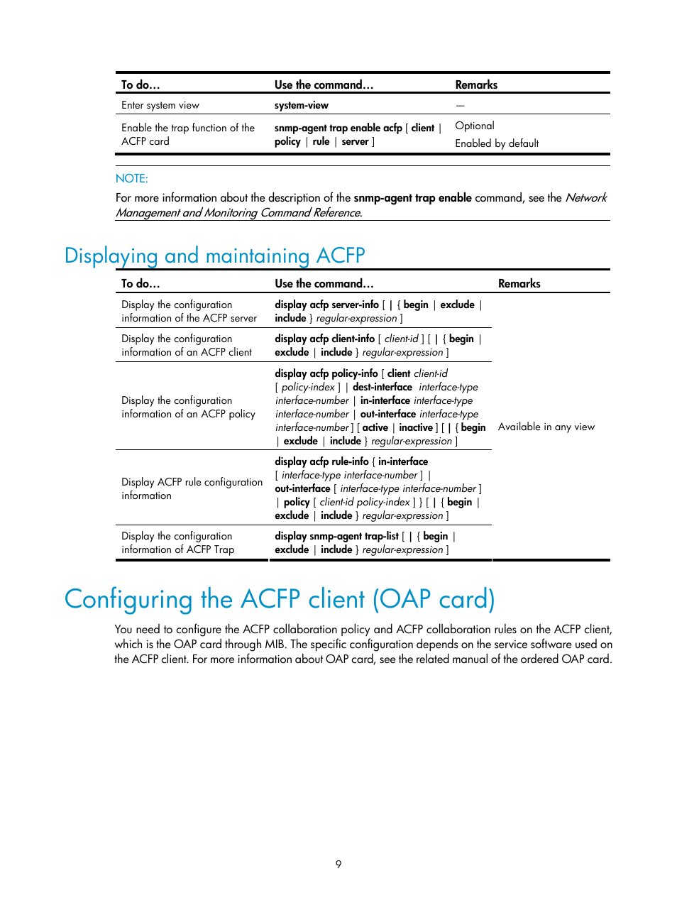 Displaying and maintaining acfp, Configuring the acfp client (oap card) | H3C Technologies H3C S10500 Series Switches User Manual | Page 15 / 20