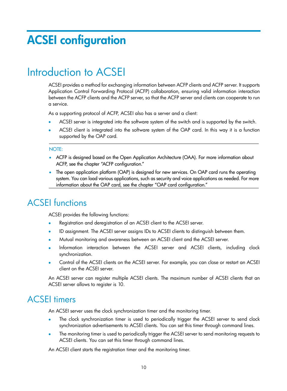 Acsei configuration, Introduction to acsei, Acsei functions | Acsei timers | H3C Technologies H3C S10500 Series Switches User Manual | Page 16 / 20