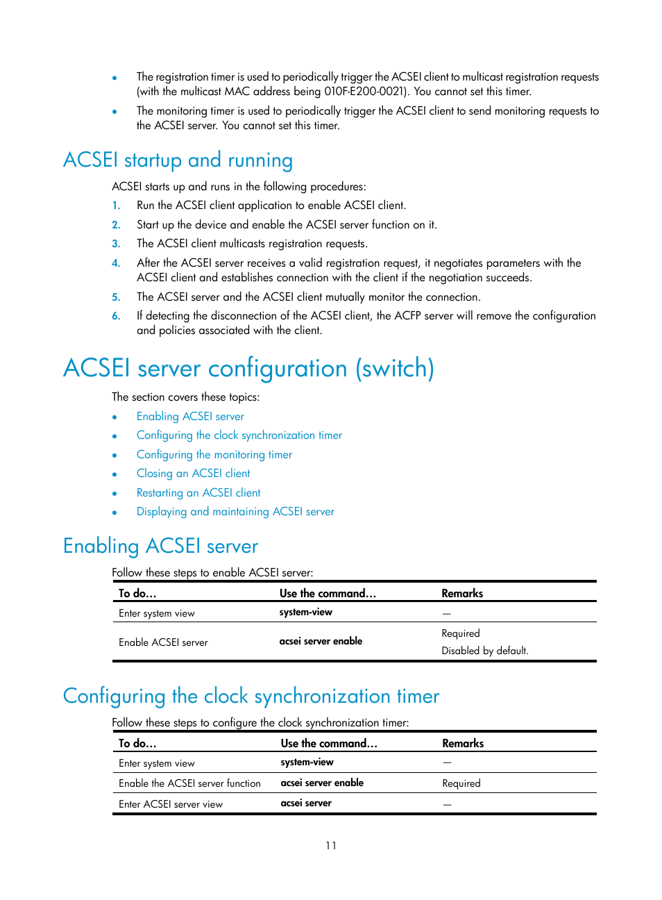 Acsei startup and running, Acsei server configuration (switch), Enabling acsei server | Configuring the clock synchronization timer | H3C Technologies H3C S10500 Series Switches User Manual | Page 17 / 20