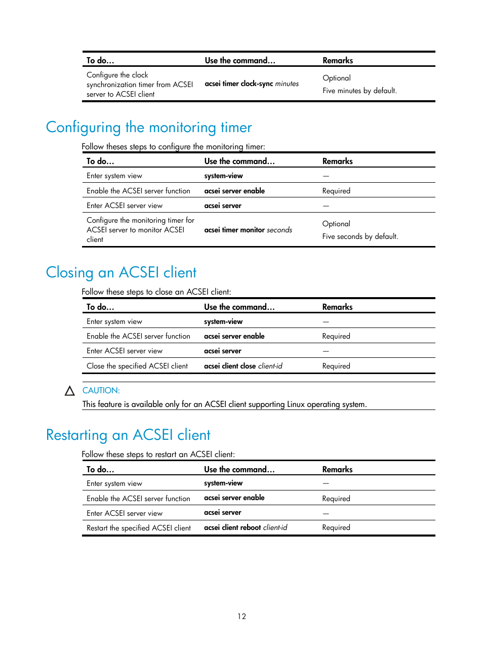 Configuring the monitoring timer, Closing an acsei client, Restarting an acsei client | H3C Technologies H3C S10500 Series Switches User Manual | Page 18 / 20