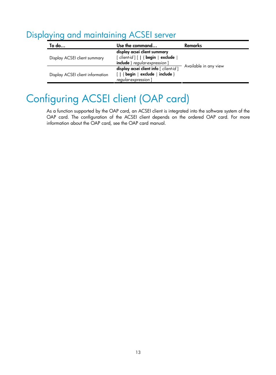 Displaying and maintaining acsei server, Configuring acsei client (oap card) | H3C Technologies H3C S10500 Series Switches User Manual | Page 19 / 20