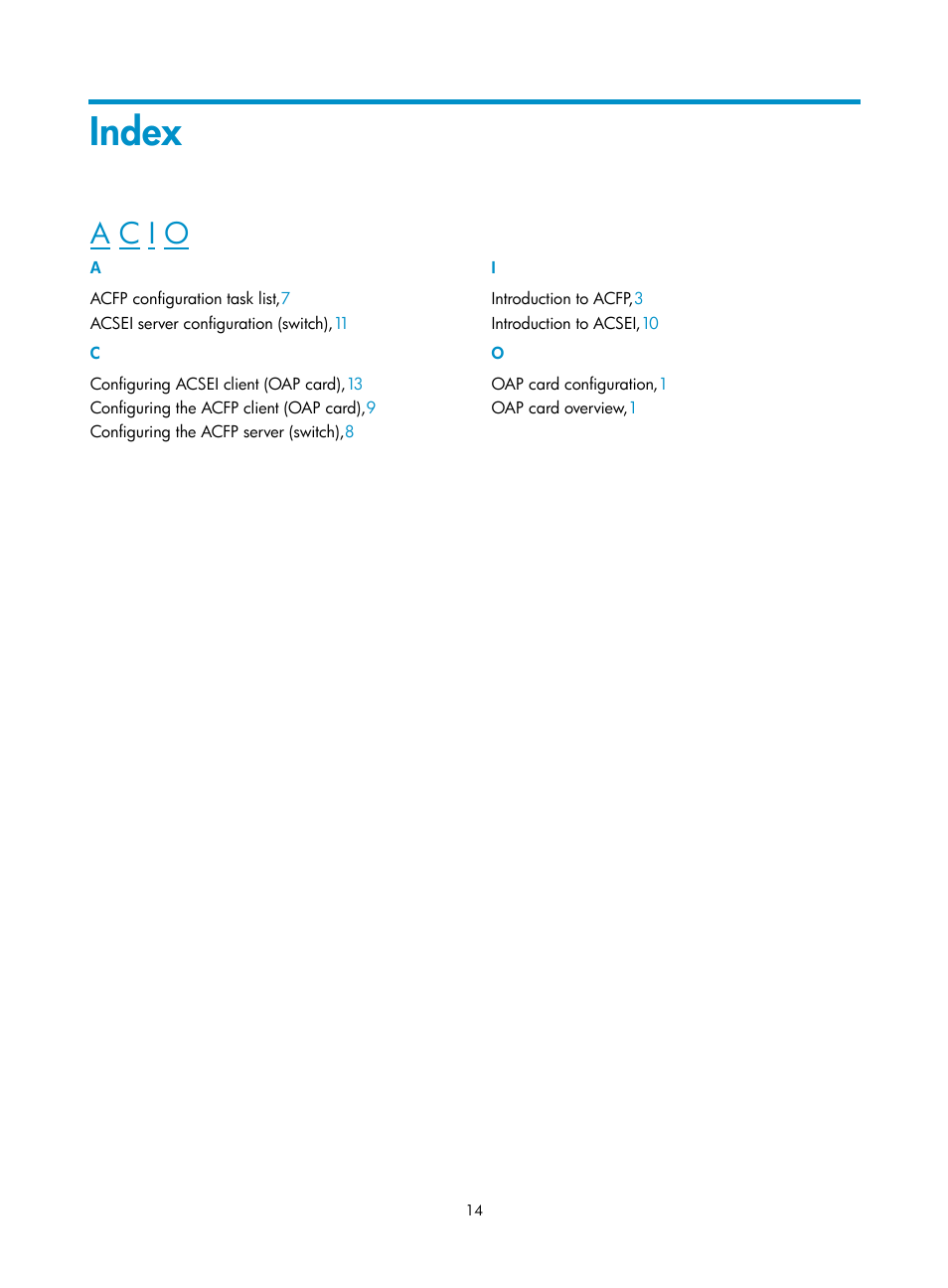 Index, A c i o | H3C Technologies H3C S10500 Series Switches User Manual | Page 20 / 20