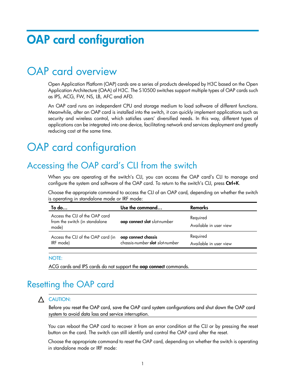 Oap card configuration, Oap card overview, Accessing the oap card’s cli from the switch | Resetting the oap card | H3C Technologies H3C S10500 Series Switches User Manual | Page 7 / 20