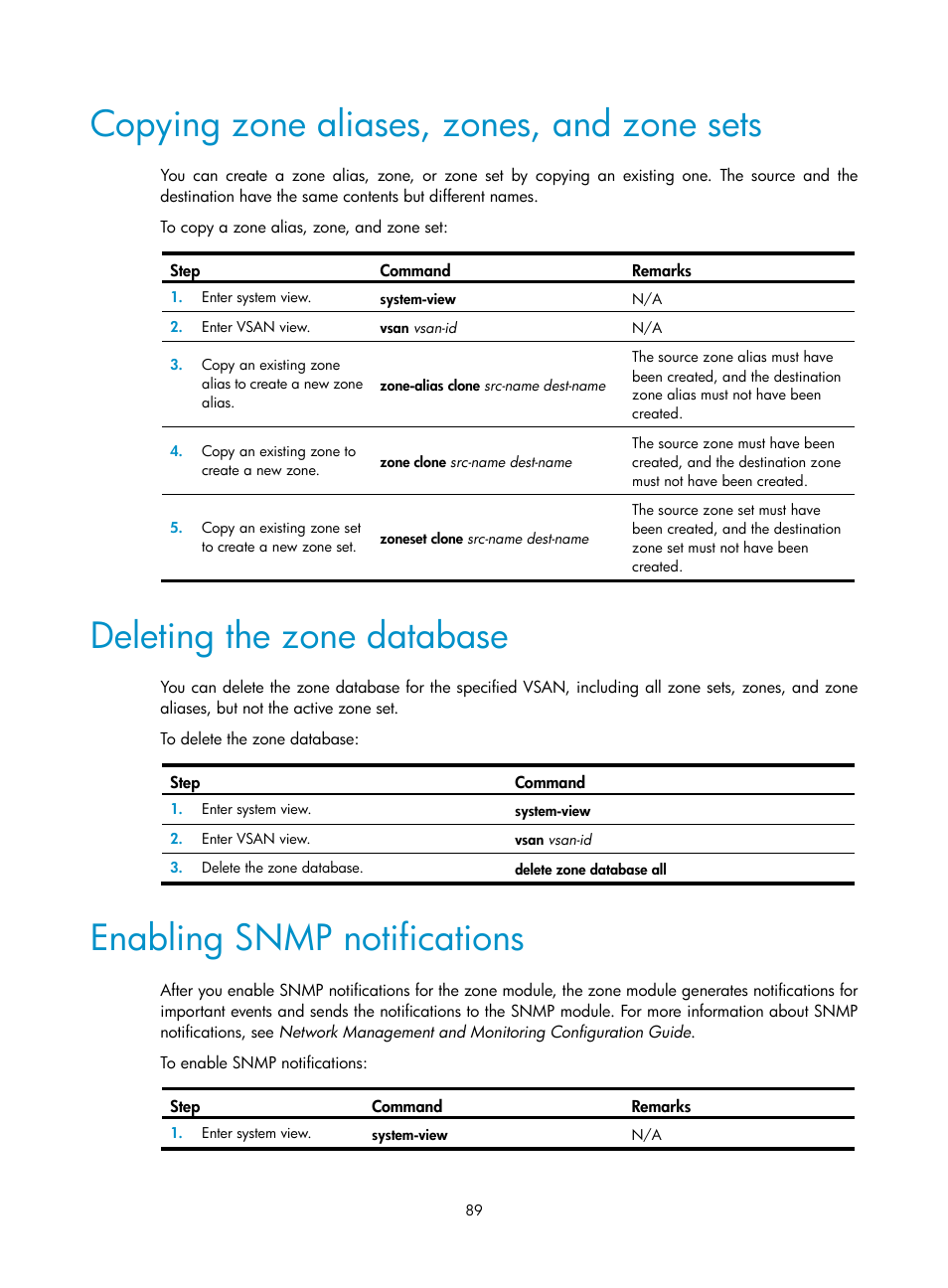 Copying zone aliases, zones, and zone sets, Deleting the zone database, Enabling snmp notifications | H3C Technologies H3C S10500 Series Switches User Manual | Page 100 / 188