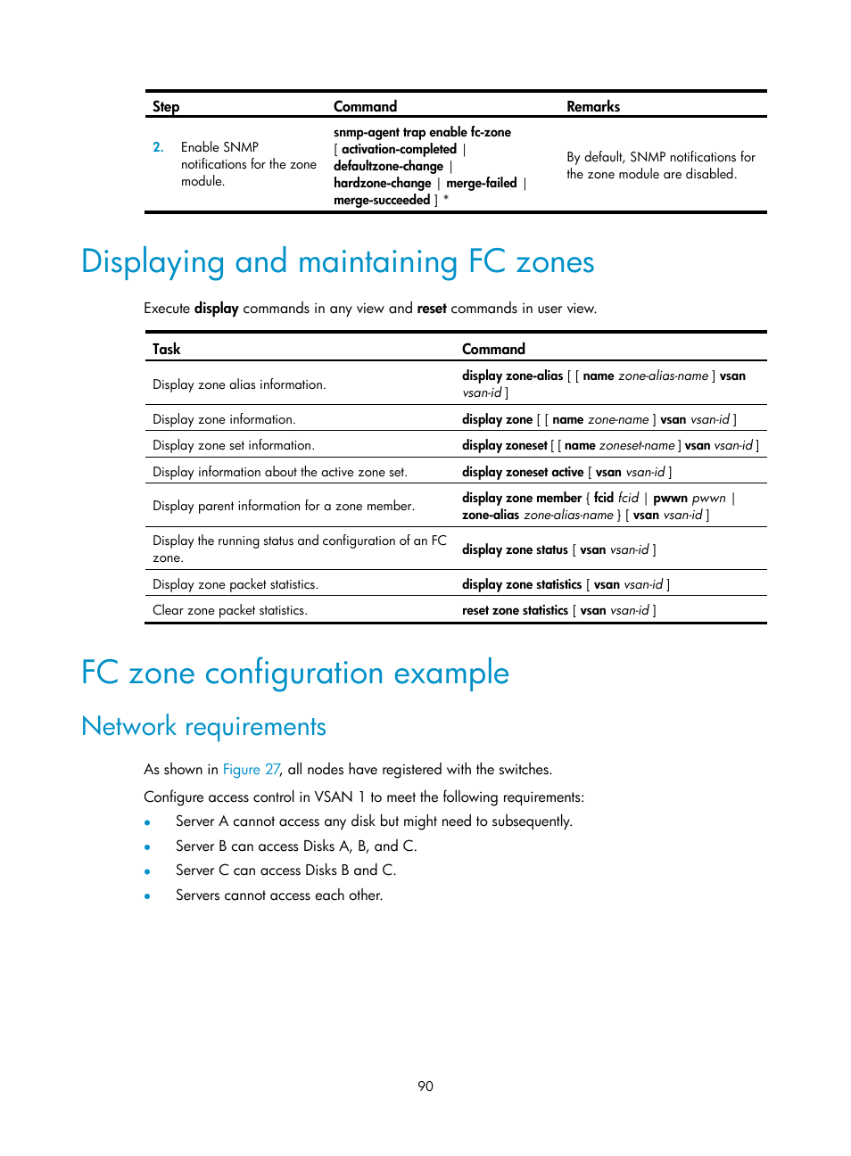 Displaying and maintaining fc zones, Fc zone configuration example, Network requirements | H3C Technologies H3C S10500 Series Switches User Manual | Page 101 / 188