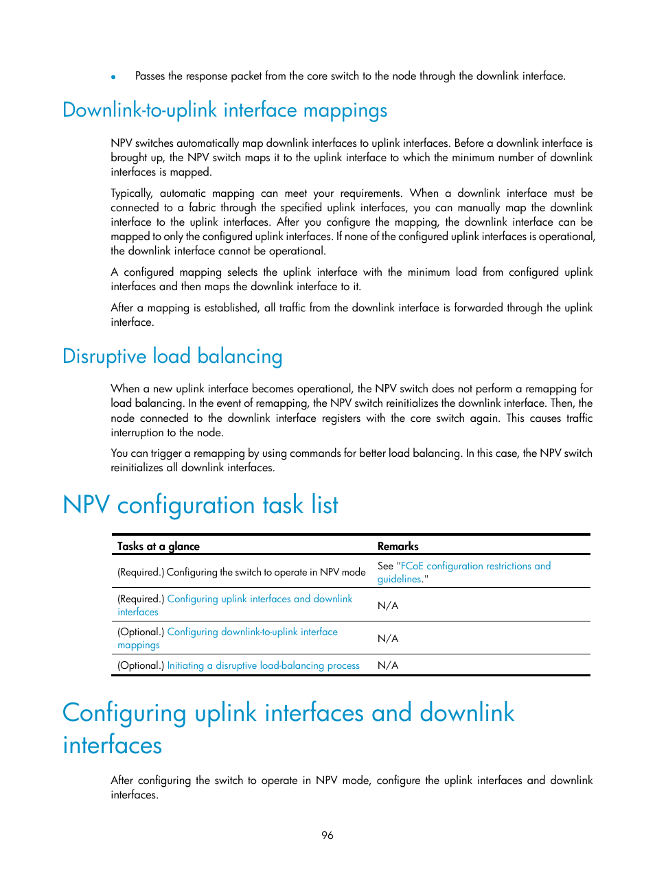 Downlink-to-uplink interface mappings, Disruptive load balancing, Npv configuration task list | H3C Technologies H3C S10500 Series Switches User Manual | Page 107 / 188