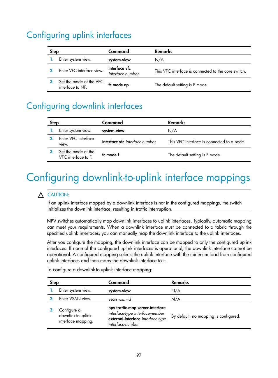 Configuring uplink interfaces, Configuring downlink interfaces, Configuring downlink-to-uplink interface mappings | Configuring downlink-to-uplink interface, Mappings | H3C Technologies H3C S10500 Series Switches User Manual | Page 108 / 188