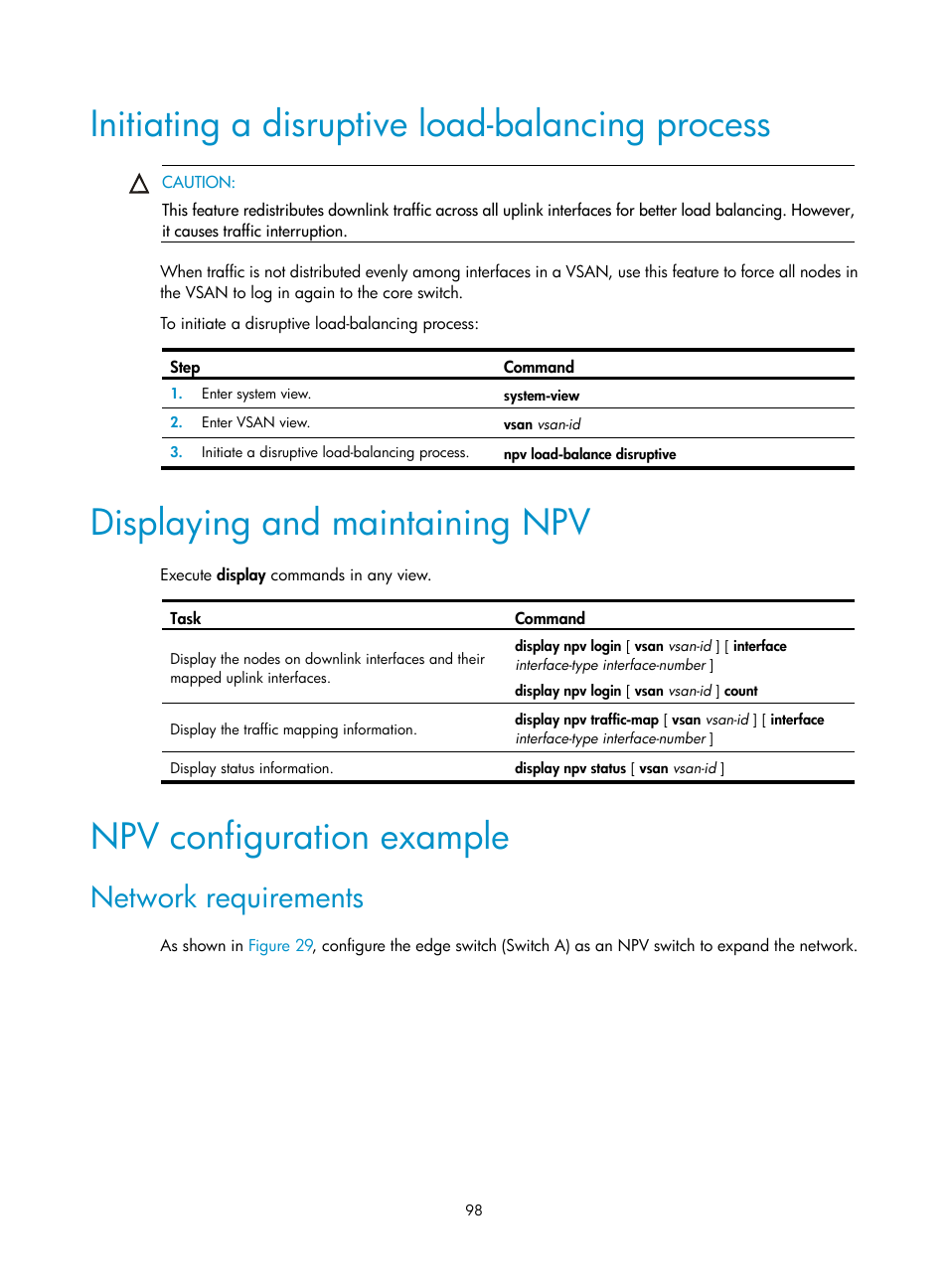 Initiating a disruptive load-balancing process, Displaying and maintaining npv, Npv configuration example | Network requirements | H3C Technologies H3C S10500 Series Switches User Manual | Page 109 / 188