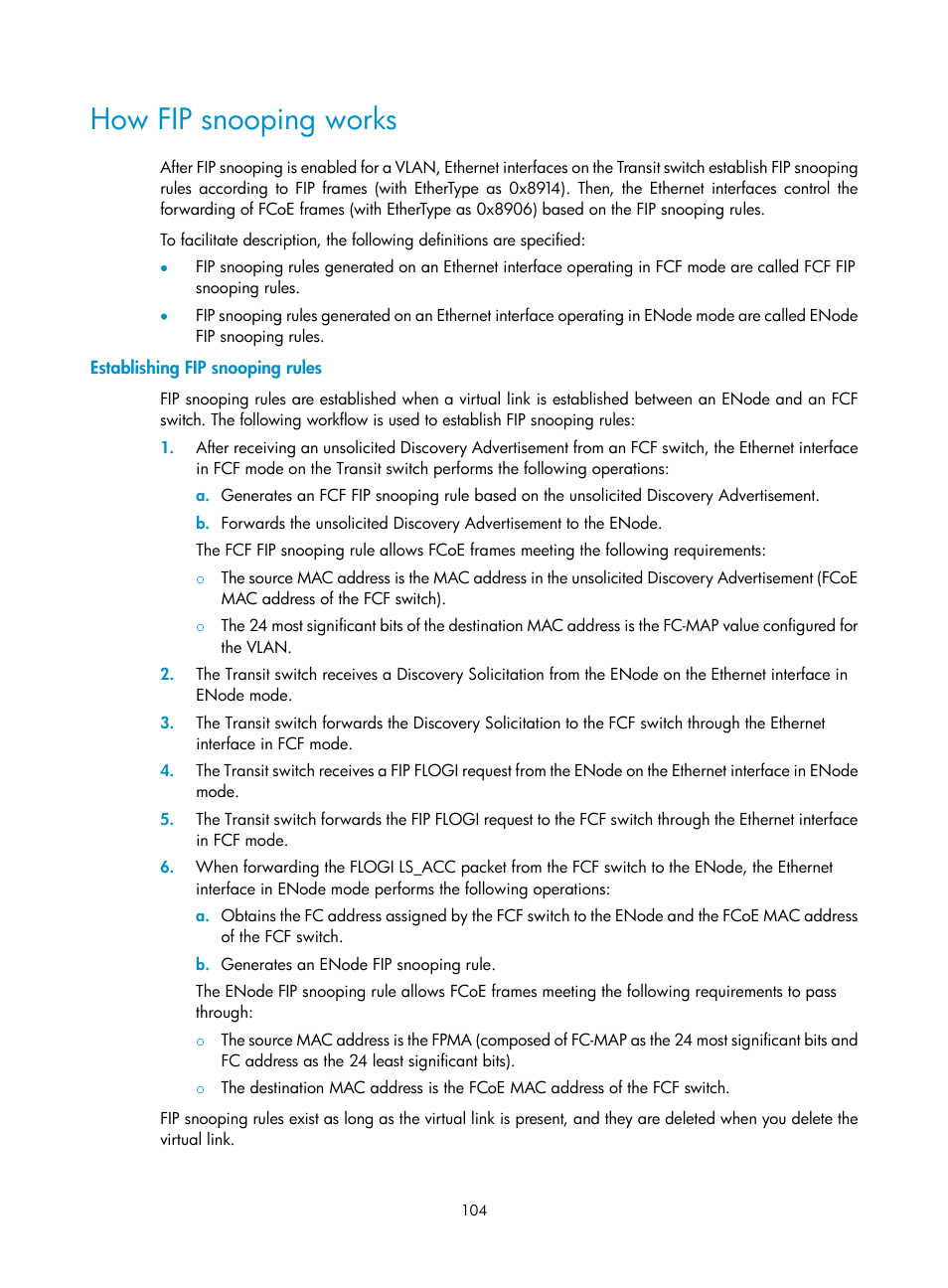 How fip snooping works, Establishing fip snooping rules | H3C Technologies H3C S10500 Series Switches User Manual | Page 115 / 188