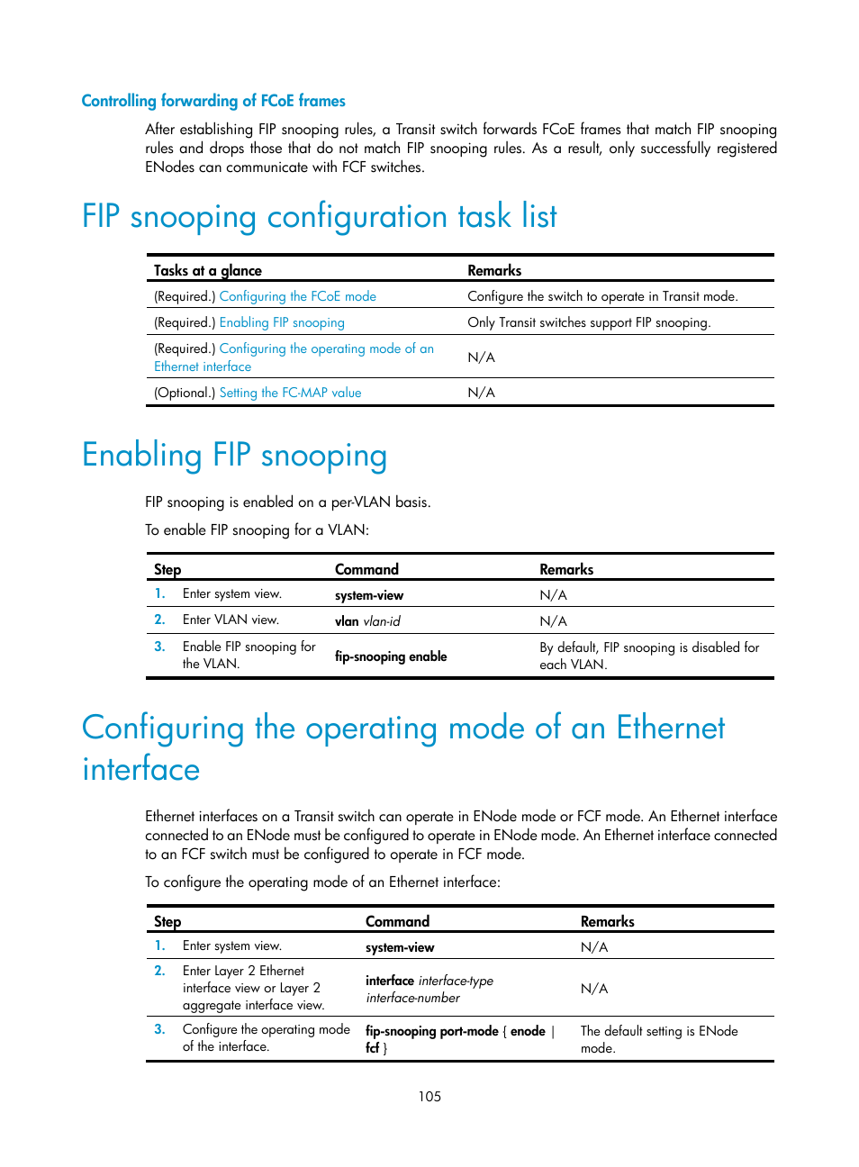 Controlling forwarding of fcoe frames, Fip snooping configuration task list, Enabling fip snooping | H3C Technologies H3C S10500 Series Switches User Manual | Page 116 / 188