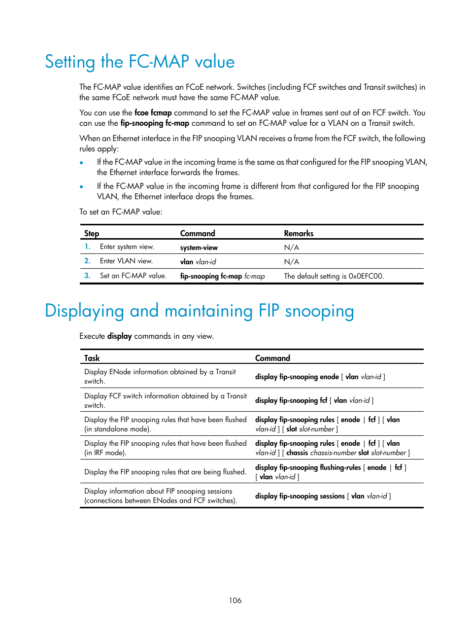 Setting the fc-map value, Displaying and maintaining fip snooping | H3C Technologies H3C S10500 Series Switches User Manual | Page 117 / 188