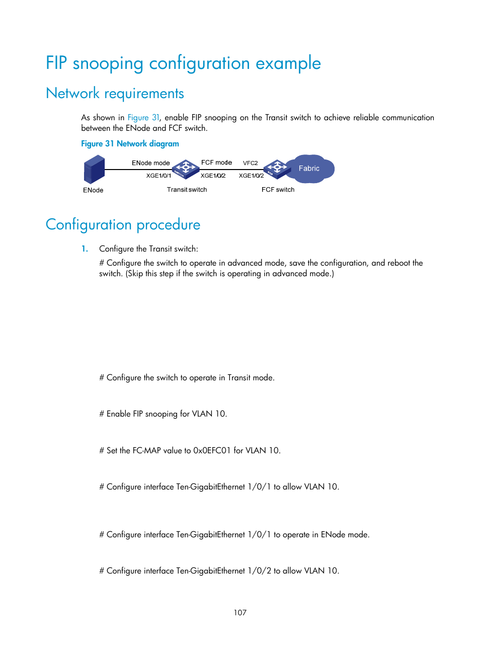 Fip snooping configuration example, Network requirements, Configuration procedure | H3C Technologies H3C S10500 Series Switches User Manual | Page 118 / 188