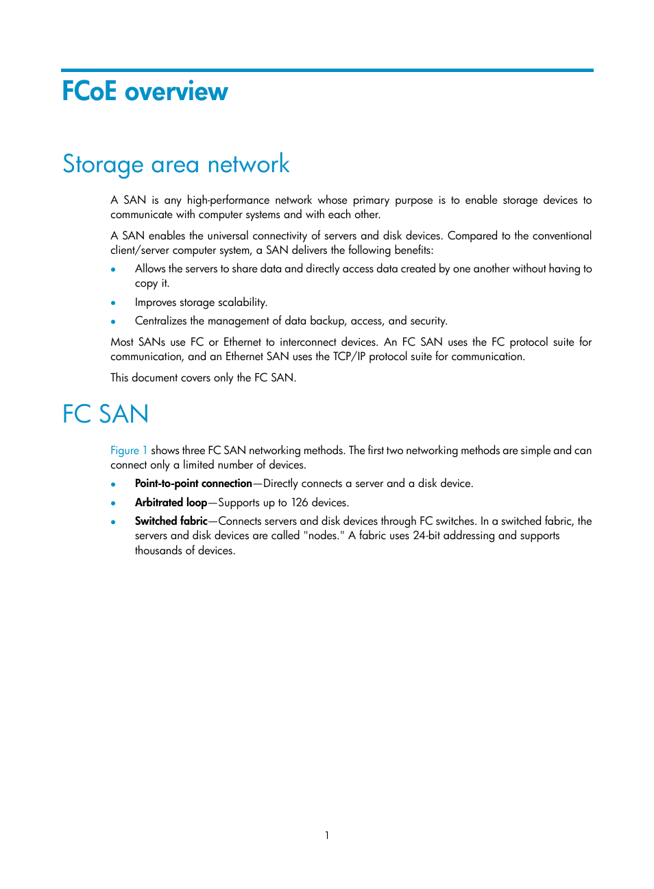 Fcoe overview, Storage area network, Fc san | H3C Technologies H3C S10500 Series Switches User Manual | Page 12 / 188