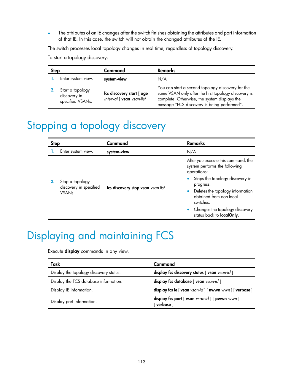 Stopping a topology discovery, Displaying and maintaining fcs | H3C Technologies H3C S10500 Series Switches User Manual | Page 124 / 188