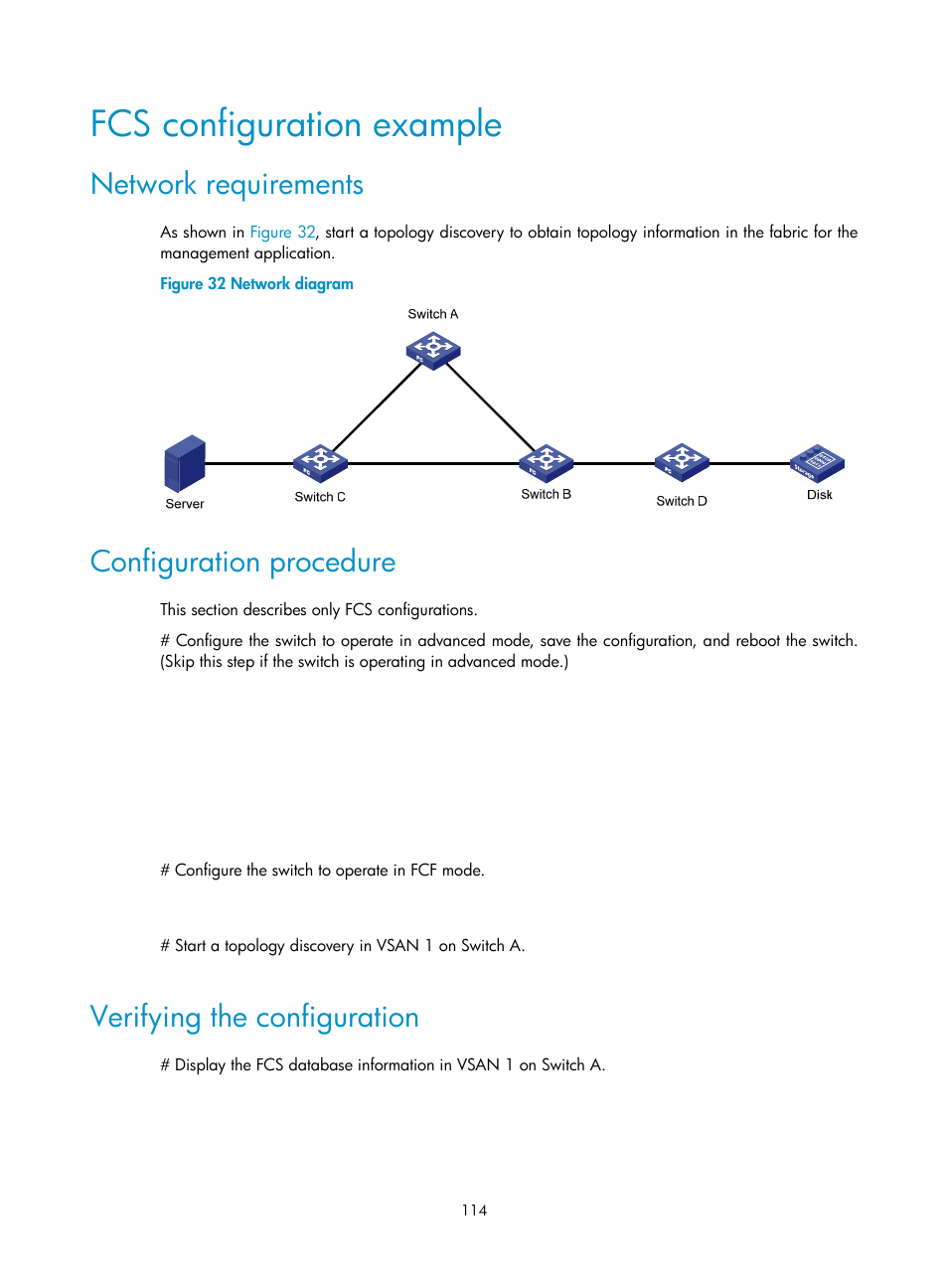 Fcs configuration example, Network requirements, Configuration procedure | Verifying the configuration | H3C Technologies H3C S10500 Series Switches User Manual | Page 125 / 188