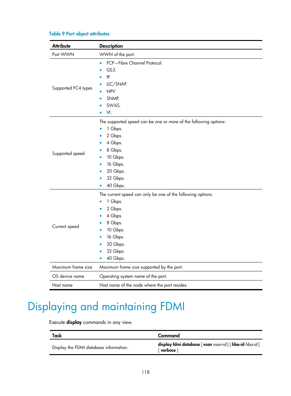 Displaying and maintaining fdmi, N in, Table 9 | H3C Technologies H3C S10500 Series Switches User Manual | Page 129 / 188