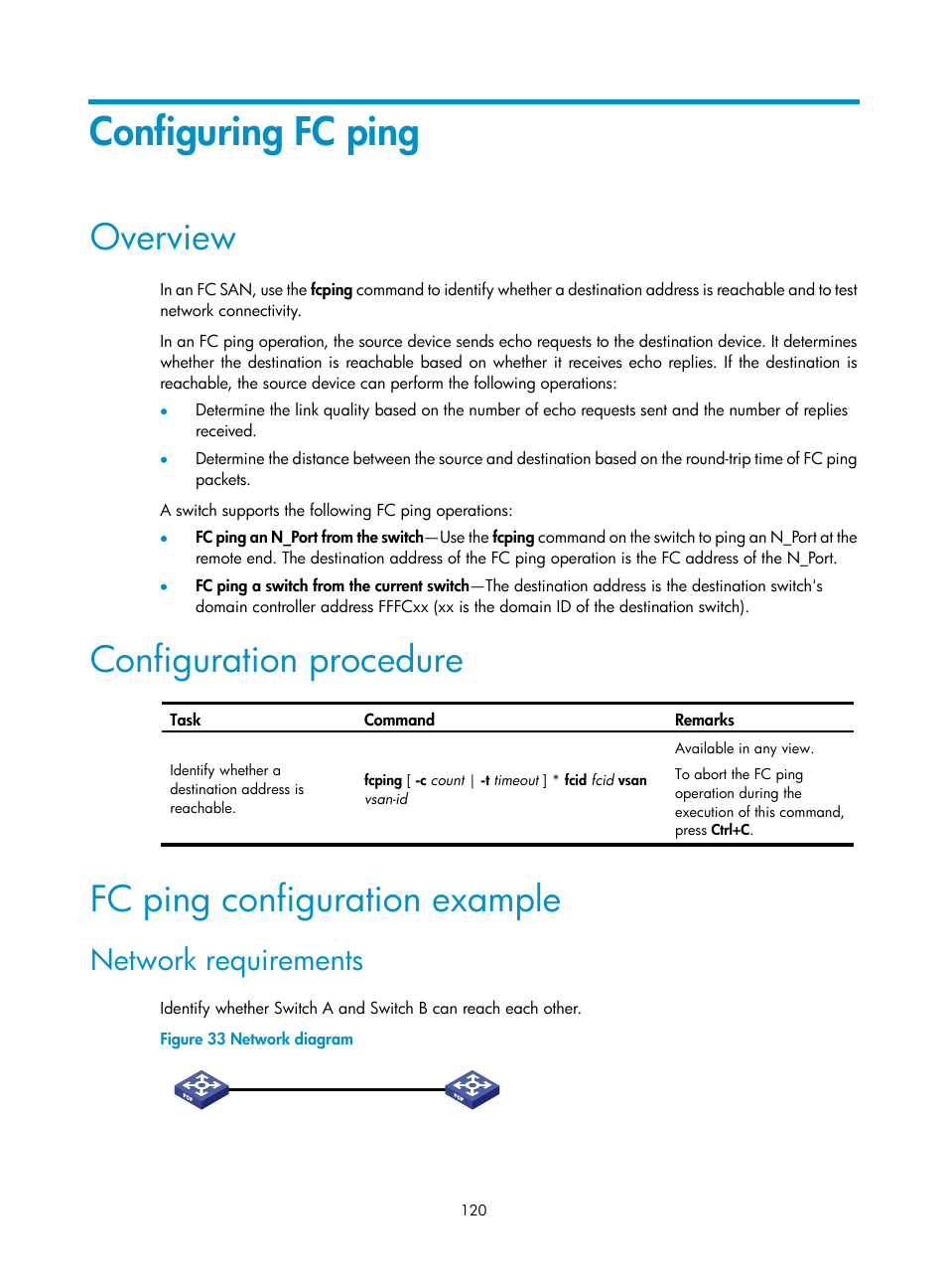 Configuring fc ping, Overview, Configuration procedure | Fc ping configuration example, Network requirements | H3C Technologies H3C S10500 Series Switches User Manual | Page 131 / 188