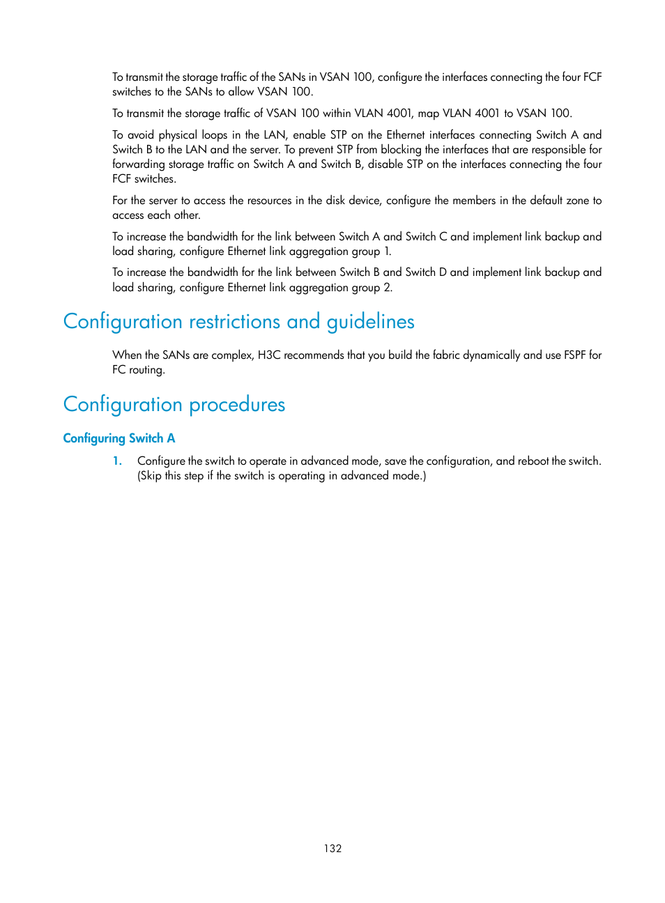 Configuration restrictions and guidelines, Configuration procedures, Configuring switch a | H3C Technologies H3C S10500 Series Switches User Manual | Page 143 / 188