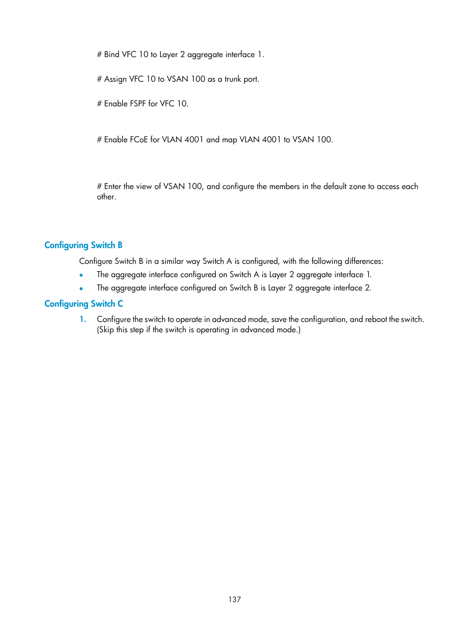 Configuring switch b, Configuring switch c | H3C Technologies H3C S10500 Series Switches User Manual | Page 148 / 188