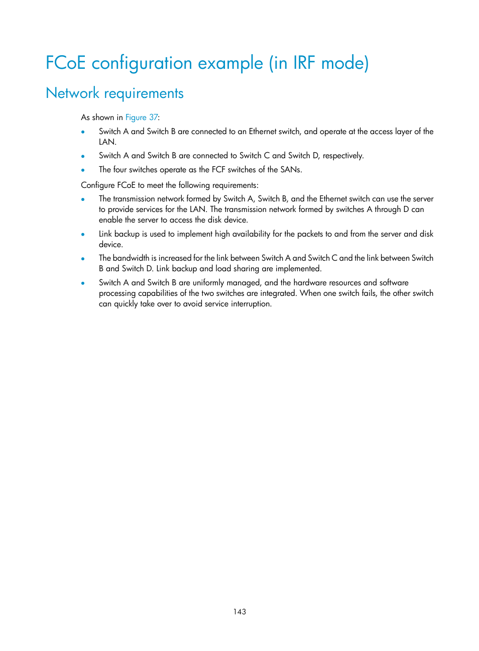 Fcoe configuration example (in irf mode), Network requirements | H3C Technologies H3C S10500 Series Switches User Manual | Page 154 / 188