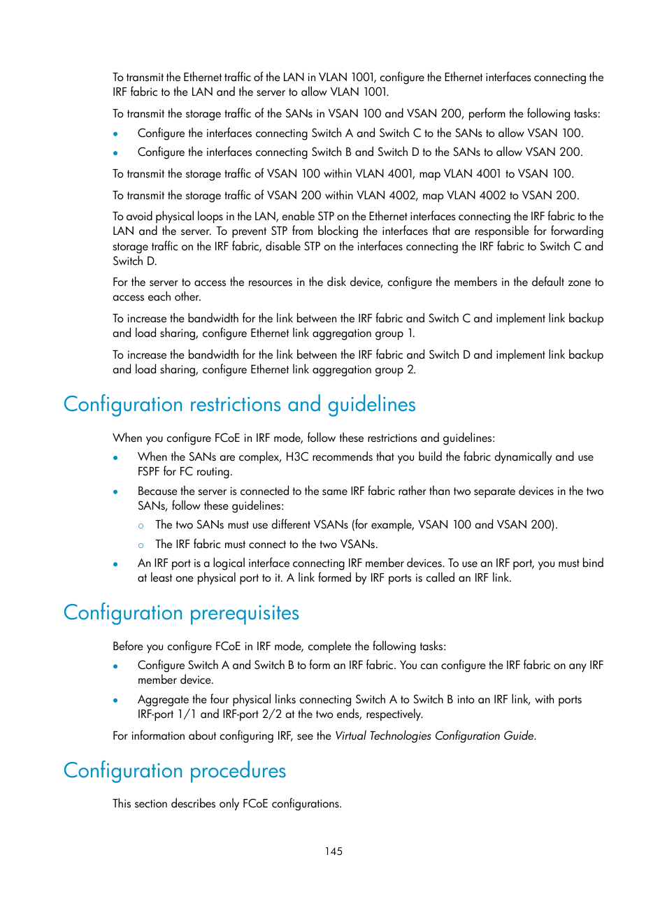 Configuration restrictions and guidelines, Configuration prerequisites, Configuration procedures | H3C Technologies H3C S10500 Series Switches User Manual | Page 156 / 188