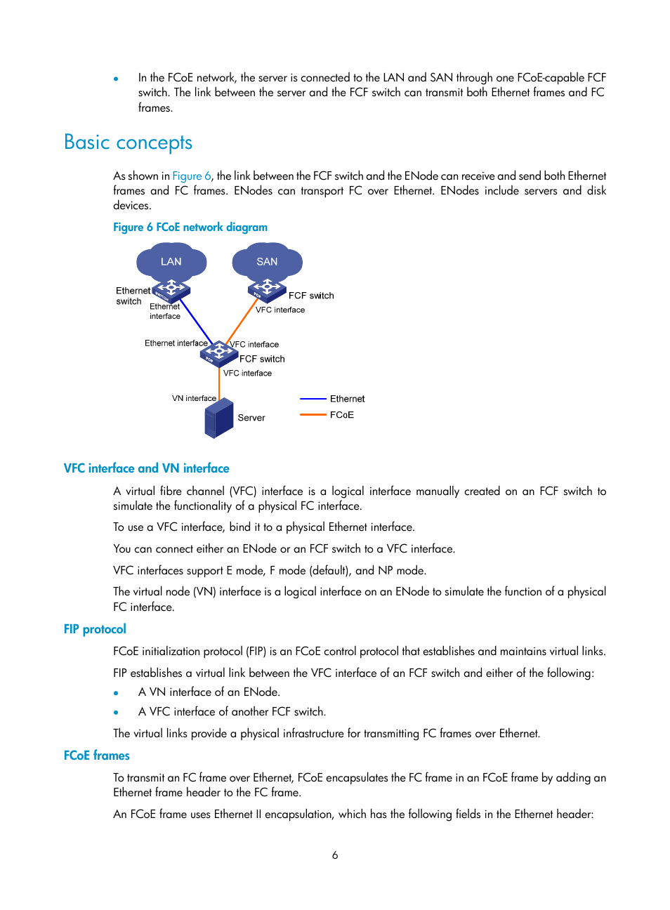 Basic concepts, Vfc interface and vn interface, Fip protocol | Fcoe frames | H3C Technologies H3C S10500 Series Switches User Manual | Page 17 / 188