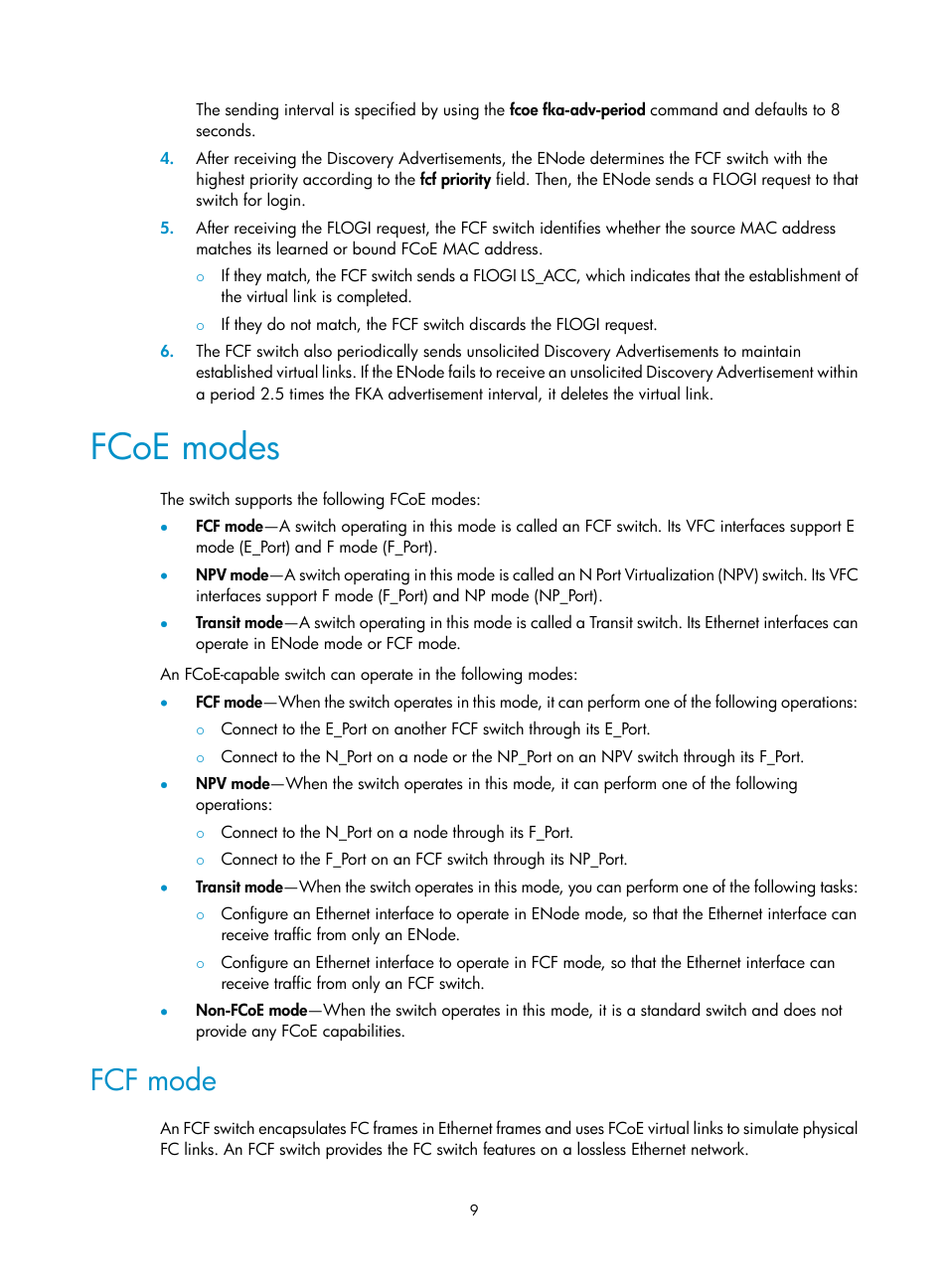 Fcoe modes, Fcf mode | H3C Technologies H3C S10500 Series Switches User Manual | Page 20 / 188