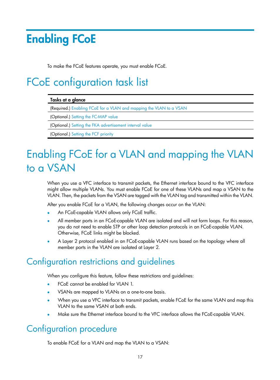 Enabling fcoe, Fcoe configuration task list, Configuration restrictions and guidelines | Configuration procedure | H3C Technologies H3C S10500 Series Switches User Manual | Page 28 / 188