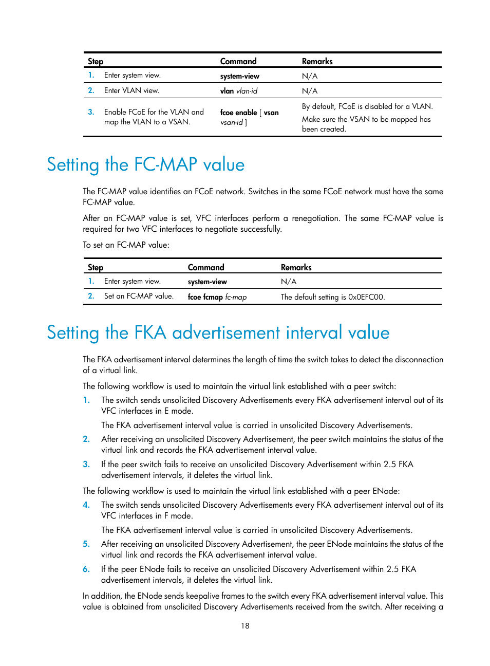 Setting the fc-map value, Setting the fka advertisement interval value | H3C Technologies H3C S10500 Series Switches User Manual | Page 29 / 188