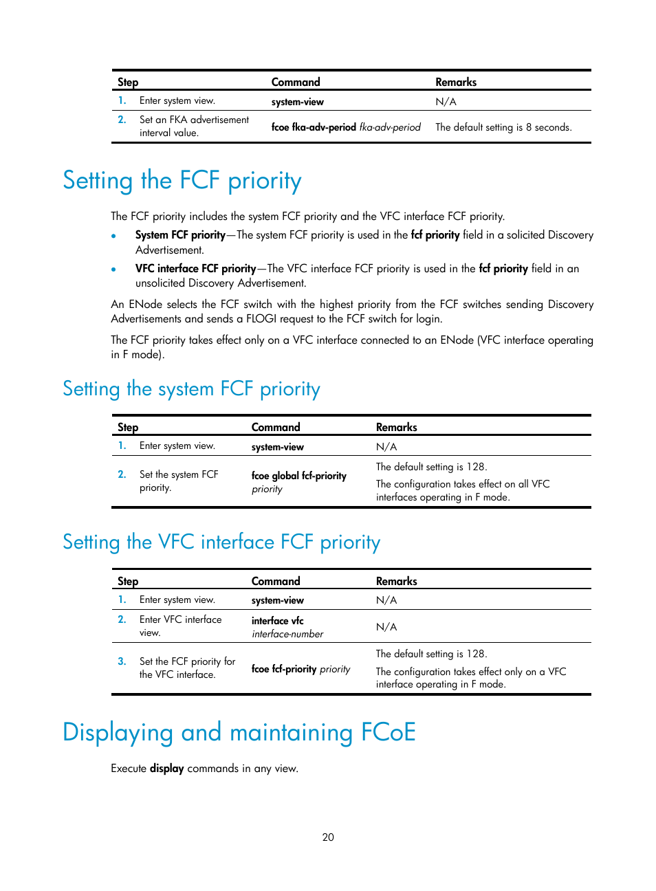 Setting the fcf priority, Setting the system fcf priority, Setting the vfc interface fcf priority | Displaying and maintaining fcoe | H3C Technologies H3C S10500 Series Switches User Manual | Page 31 / 188