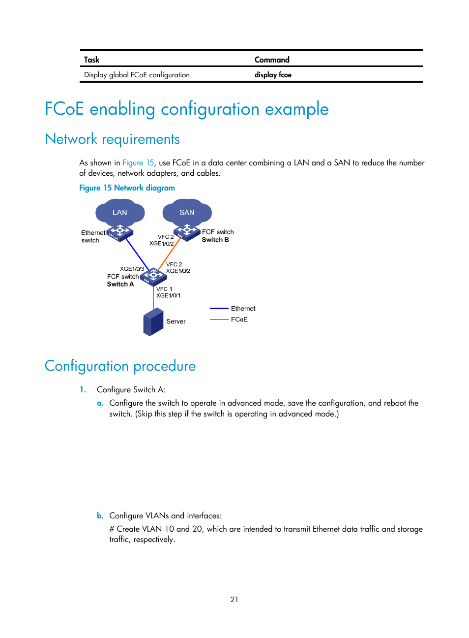 Fcoe enabling configuration example, Network requirements, Configuration procedure | H3C Technologies H3C S10500 Series Switches User Manual | Page 32 / 188